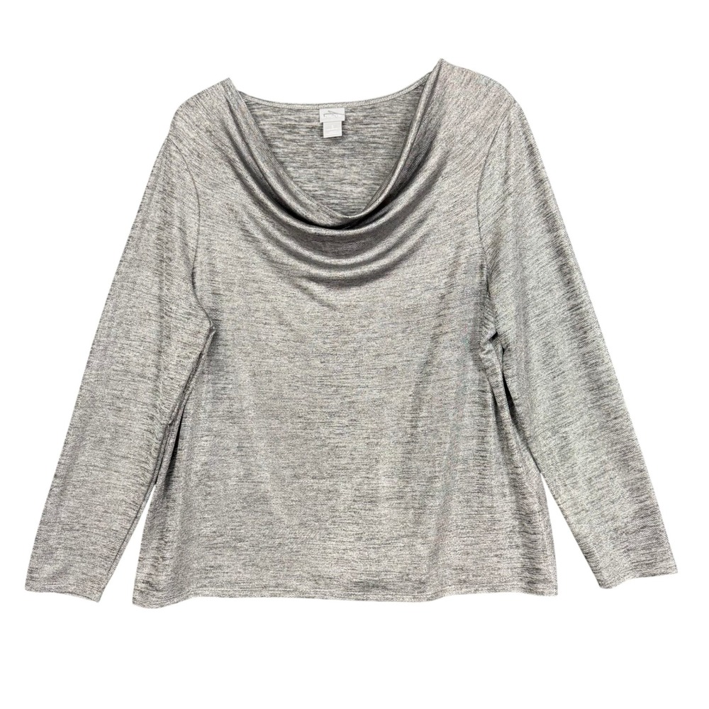 Chicos Cowl Neck Top 3 Womens 16 XL Silver Long Sleeve Shimmer Blouse Holiday